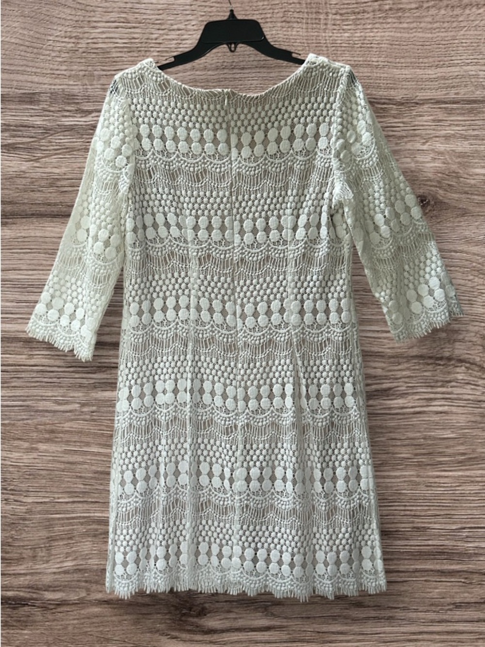 NWT Ronni Nicole Ivory Nude Crochet Lace Shift Dress 3/4 Sleeve Party Size 12 - Picture 10 of 14